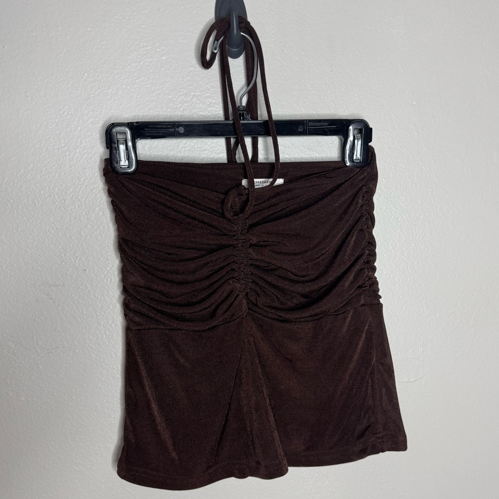 Peppermayo Brown Ruched Strapless Crop Top